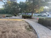Commercial walkway and hardscape improvement framed by established trees and site cleanup